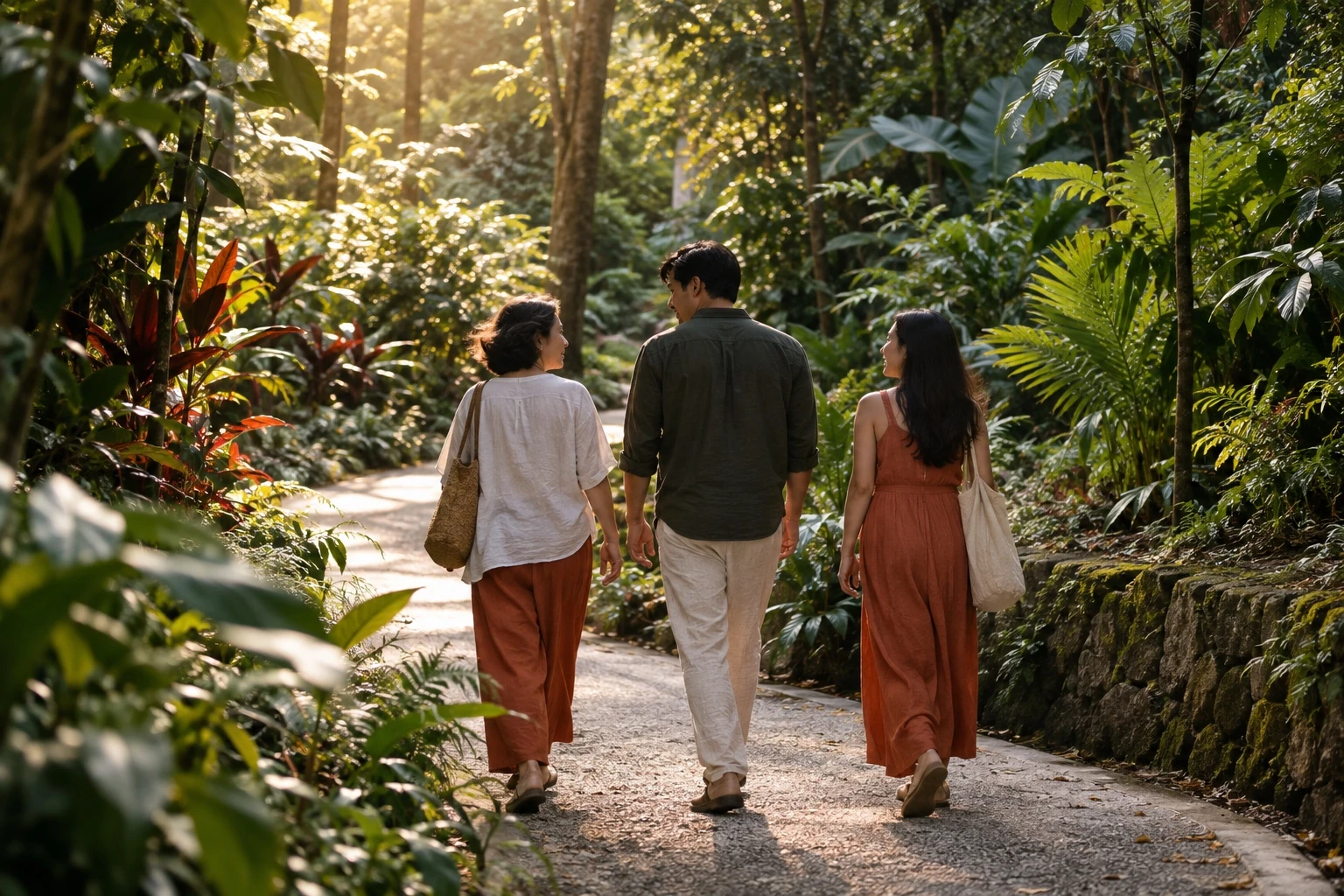 Three people walking together along a path surrounded by tropical greenery