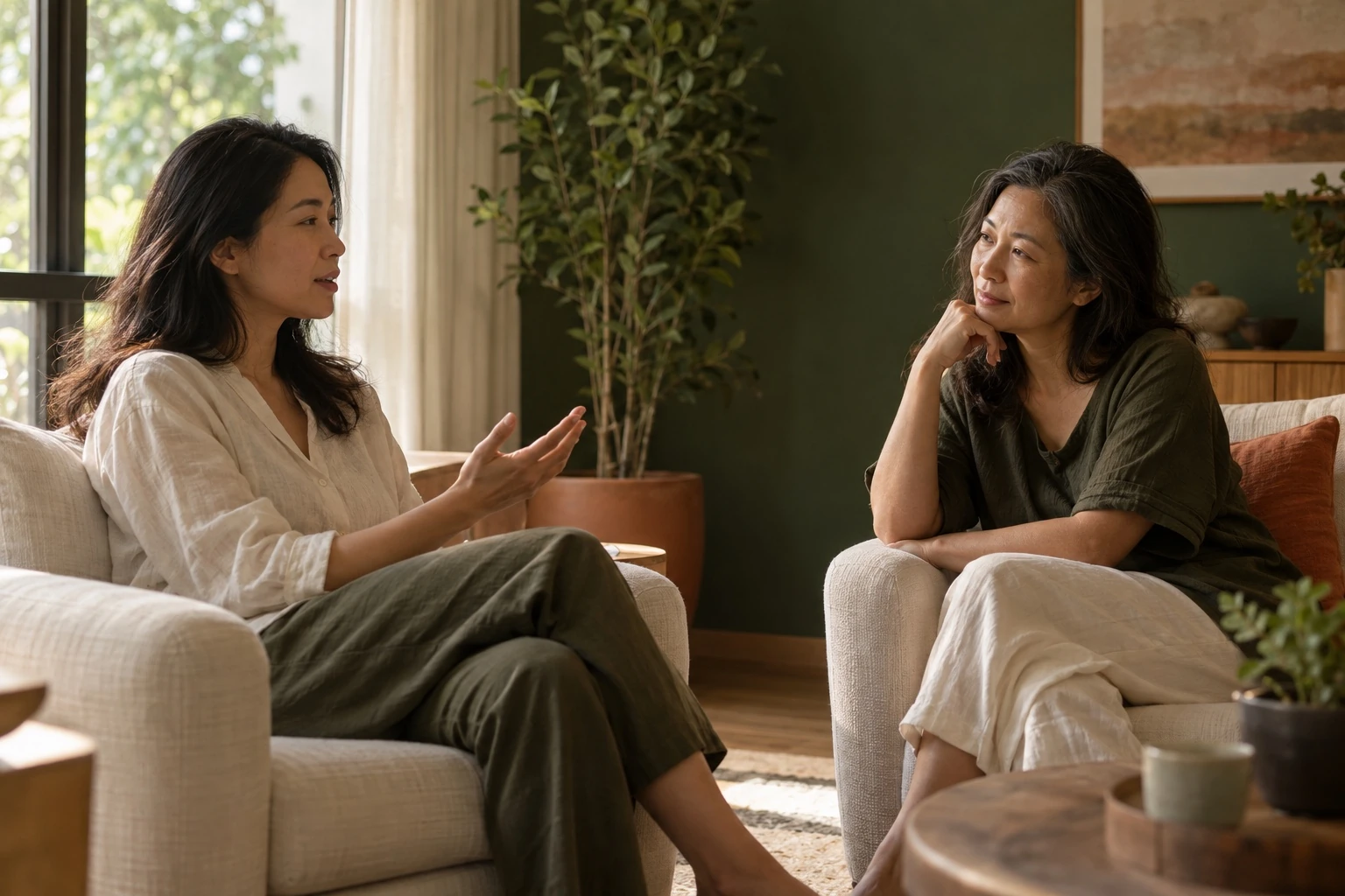 Two people sharing a one-to-one conversation in a quiet room