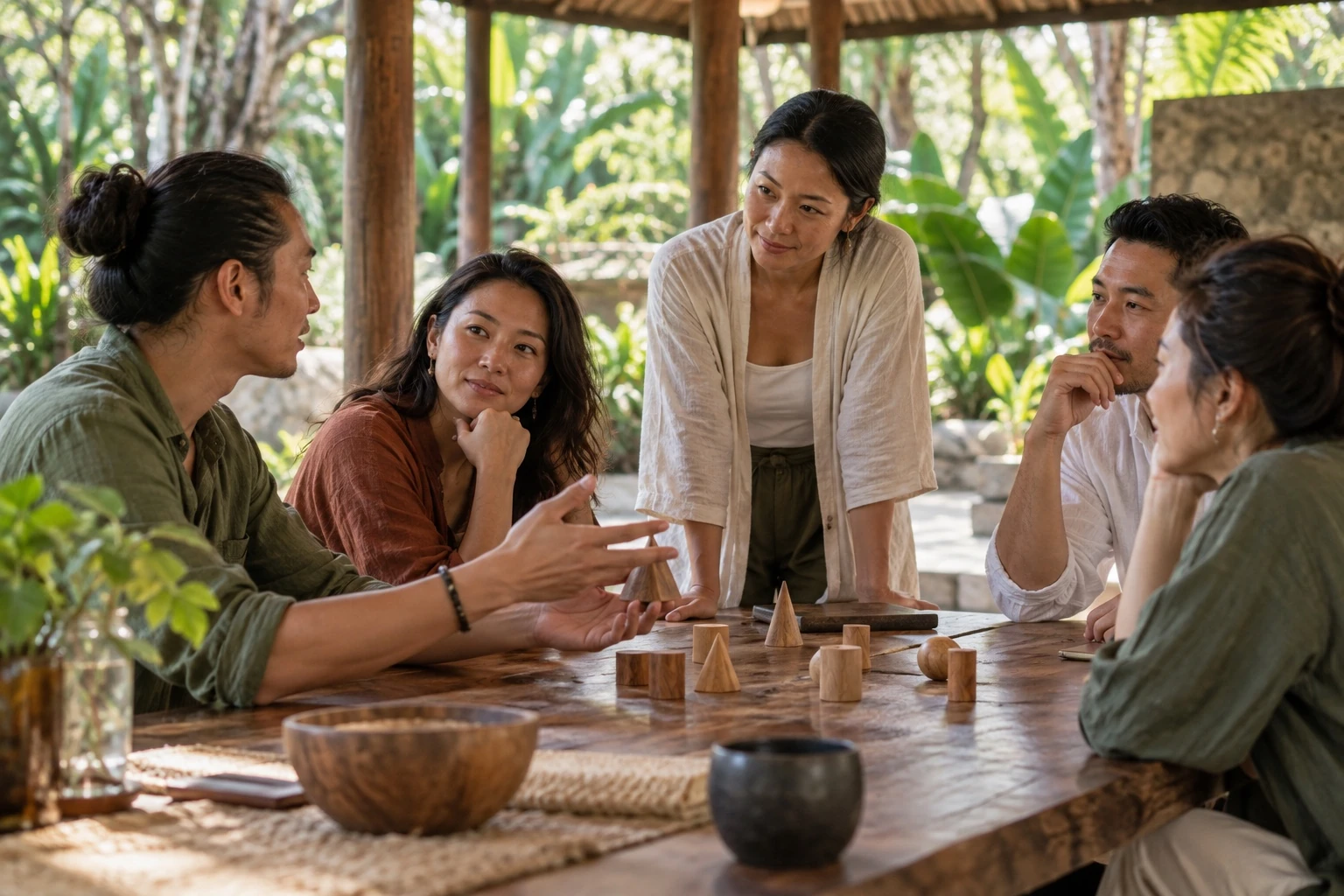 People sharing ideas around a table in an open tropical pavilion